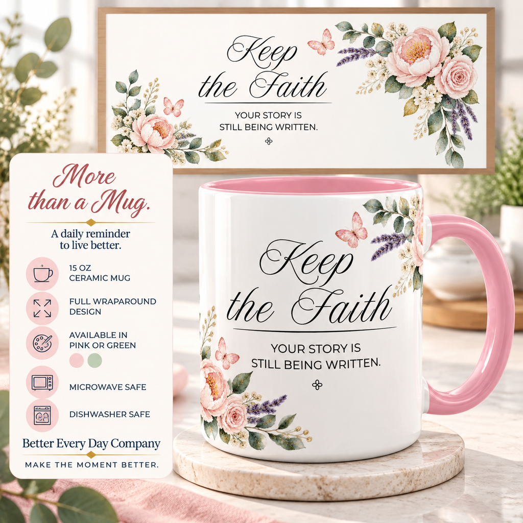 Keep the Faith Coffee Mug 15oz | Your Story Is Still Being Written | Floral Christian Mug