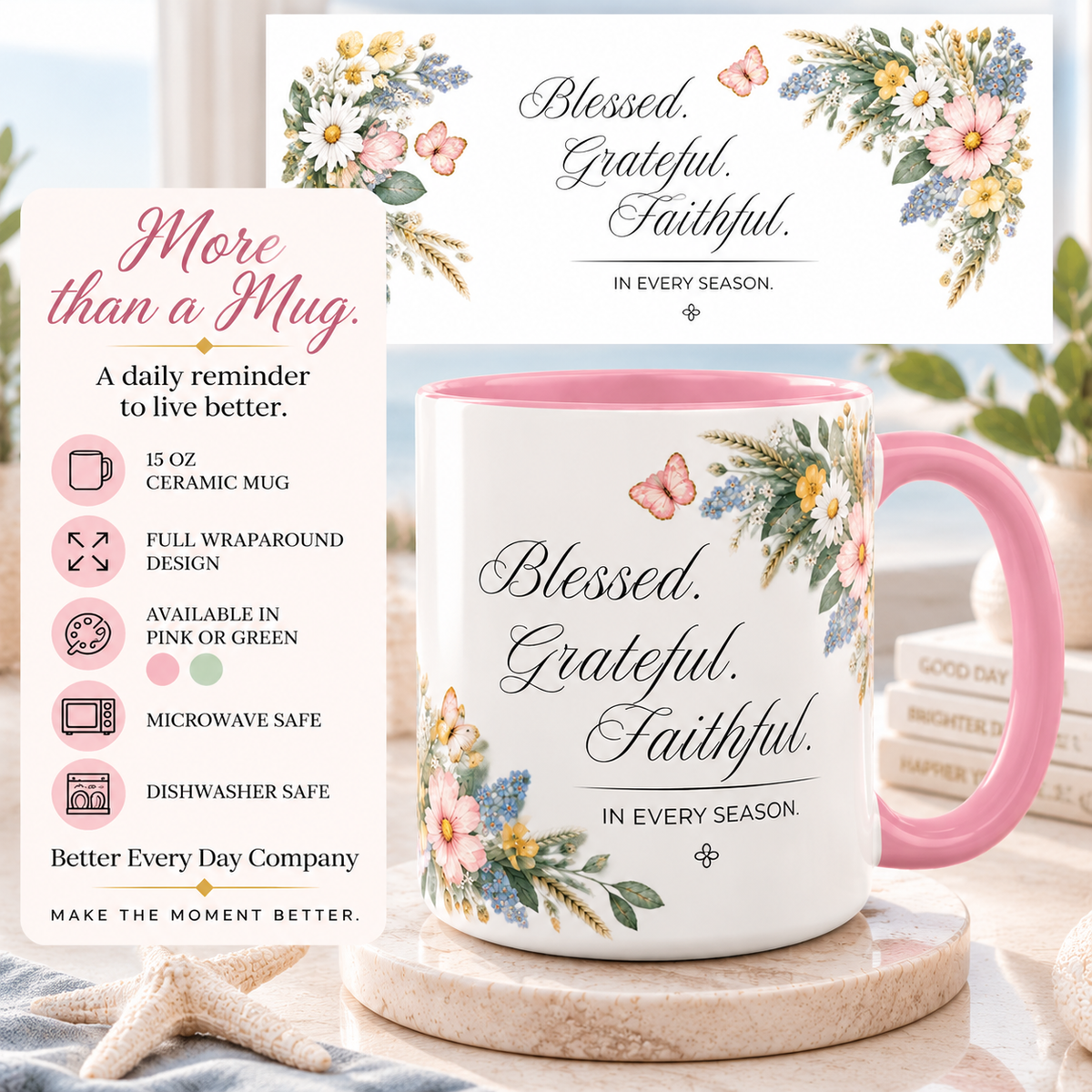 Blessed Grateful Faithful Coffee Mug 15oz | In Every Season | Floral Christian Mug