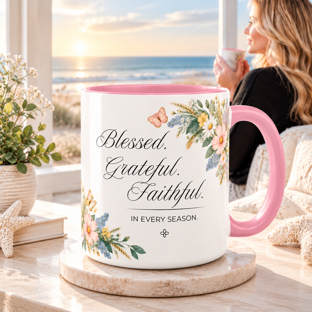 Blessed Grateful Faithful Coffee Mug 15oz | In Every Season | Floral Christian Mug