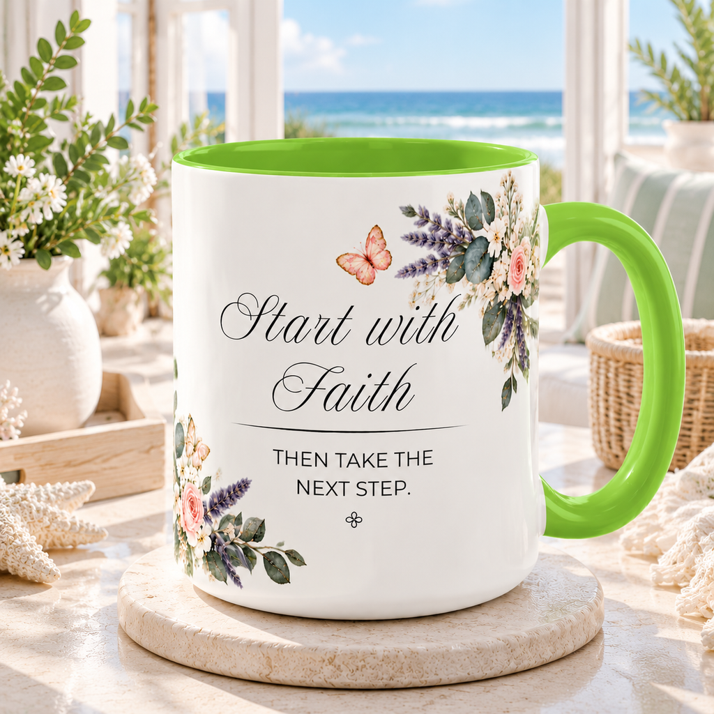 Start with Faith Coffee Mug 15oz | Then Take The Next Step | Floral Christian Mug