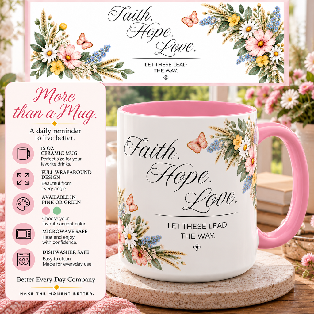 Faith Hope Love Coffee Mug 15oz | Let These Lead The Way | Floral Christian Mug