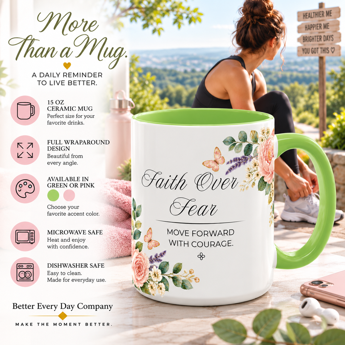 Faith Over Fear Coffee Mug 15oz | Move Forward With Courage | Floral Christian Mug