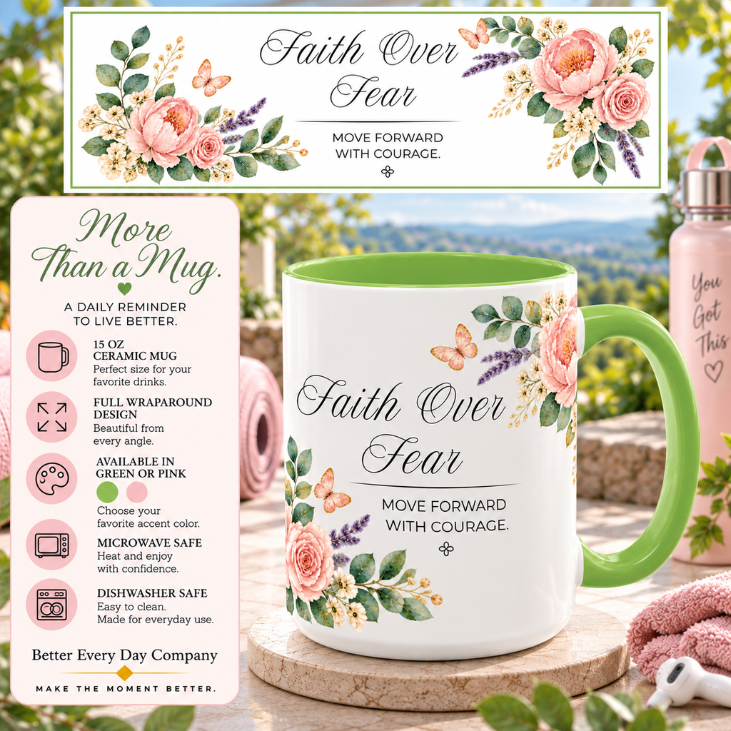 Faith Over Fear Coffee Mug 15oz | Move Forward With Courage | Floral Christian Mug