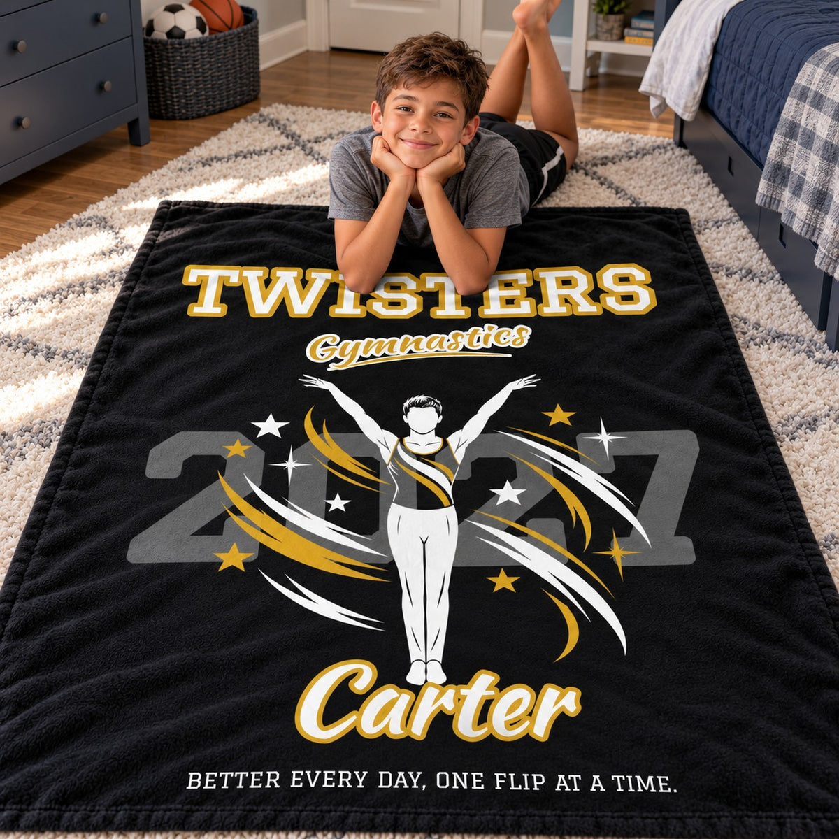 Personalized Boy Gymnastics Blanket - Player Spotlight Design | Custom Team Name, Class Year & Gymnast Name | 2 Styles, Your Team Colors | Plush Throw