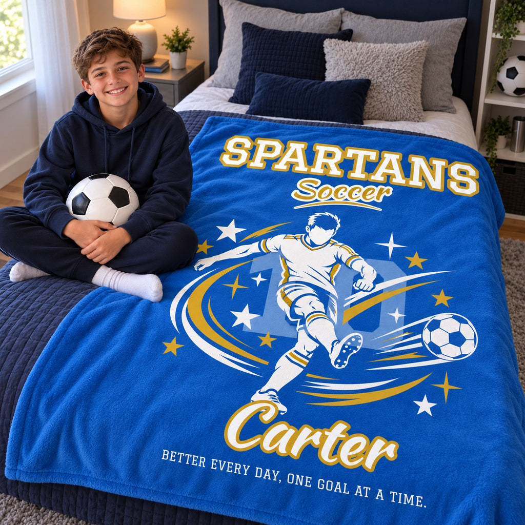 Personalized Boy Soccer Blanket - Player Spotlight Design | Custom Team Name, Number & Player Name | 2 Styles, Your Team Colors | Plush Throw
