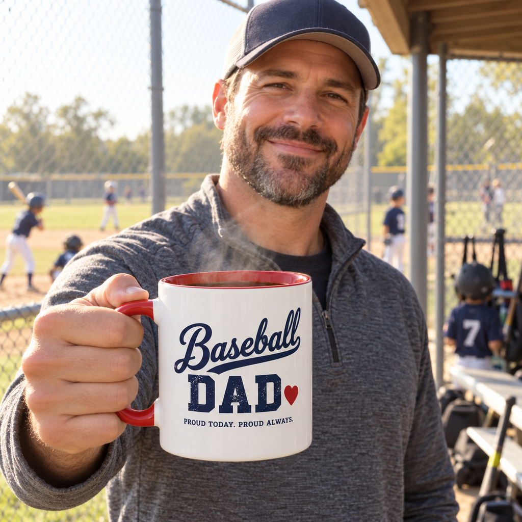 Baseball dad at the game holding a personalized Baseball Dad mug