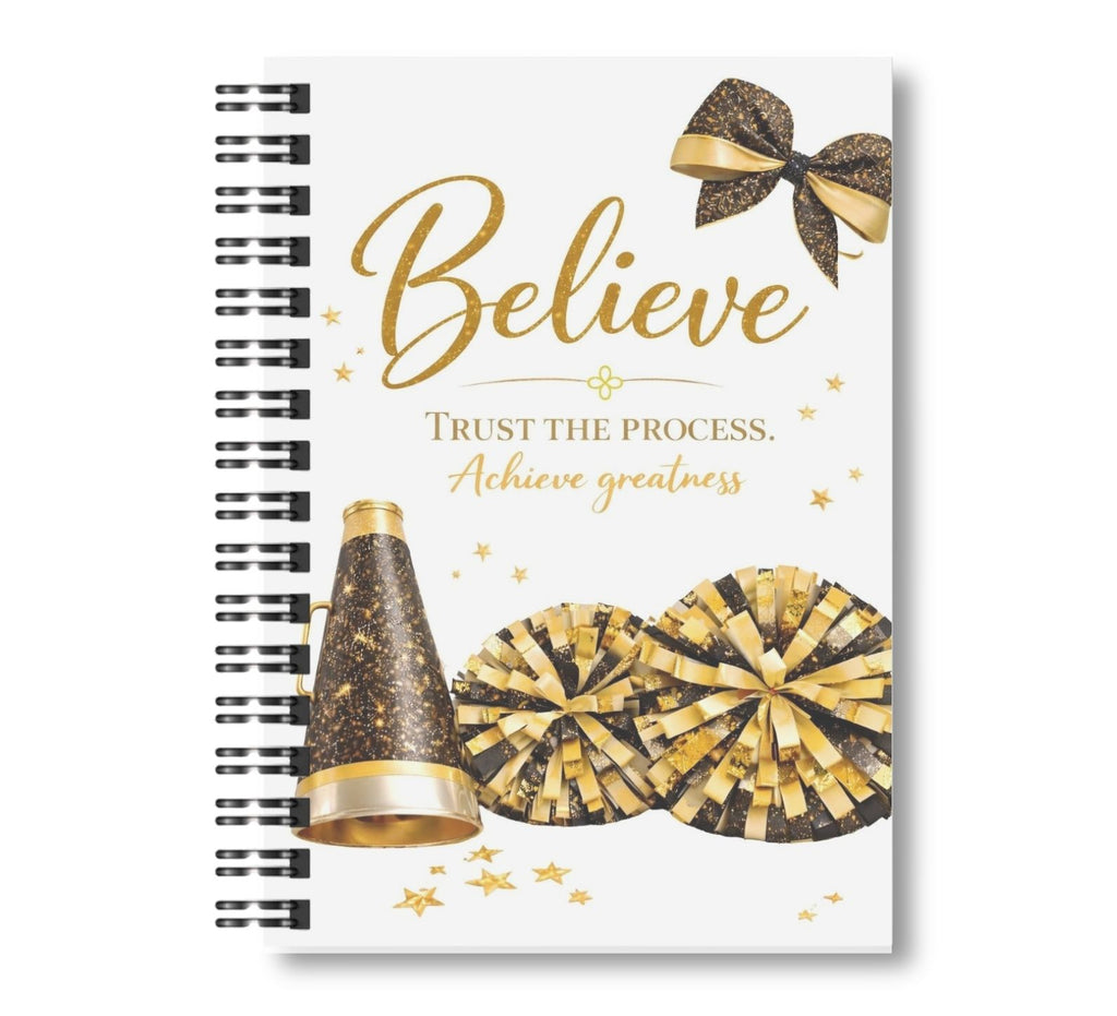 Believe - Cheerleading Notebook 8.5"x11", Black and Gold, Wide Ruled Blank Notebook, Spiral Bound