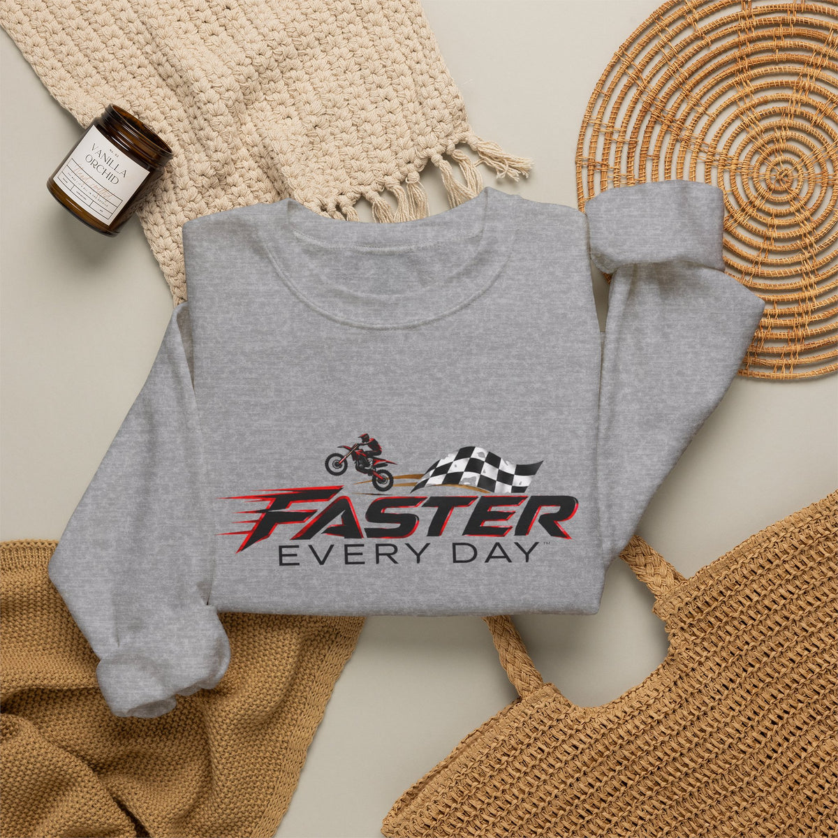 Faster Every Day Dirt Bike Checkered Flag Logo Sweatshirt | Motocross Gift | Gildan Crewneck Sweatshirt