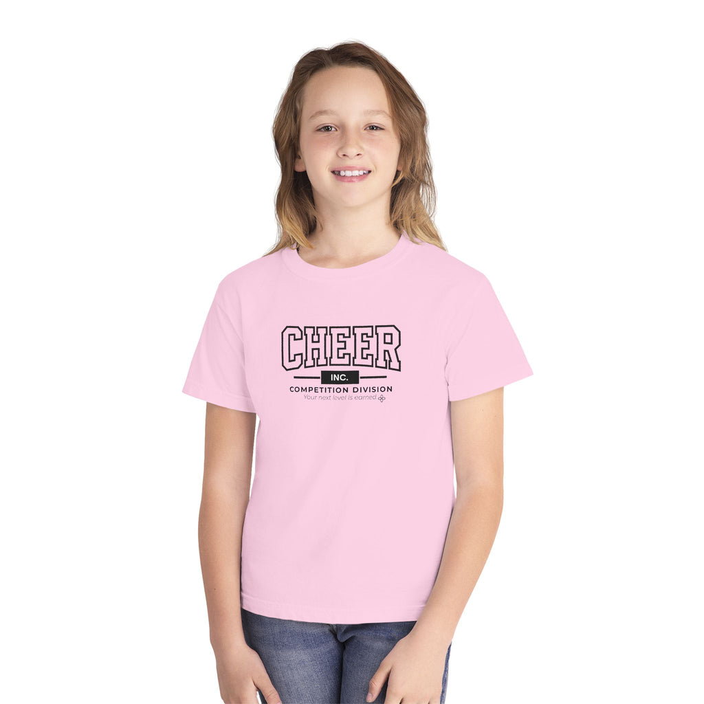 Cheer Inc. Competition Division Youth T-Shirt | Your Next Level Is Earned | Girls Cheer Comfort Colors Youth Tee