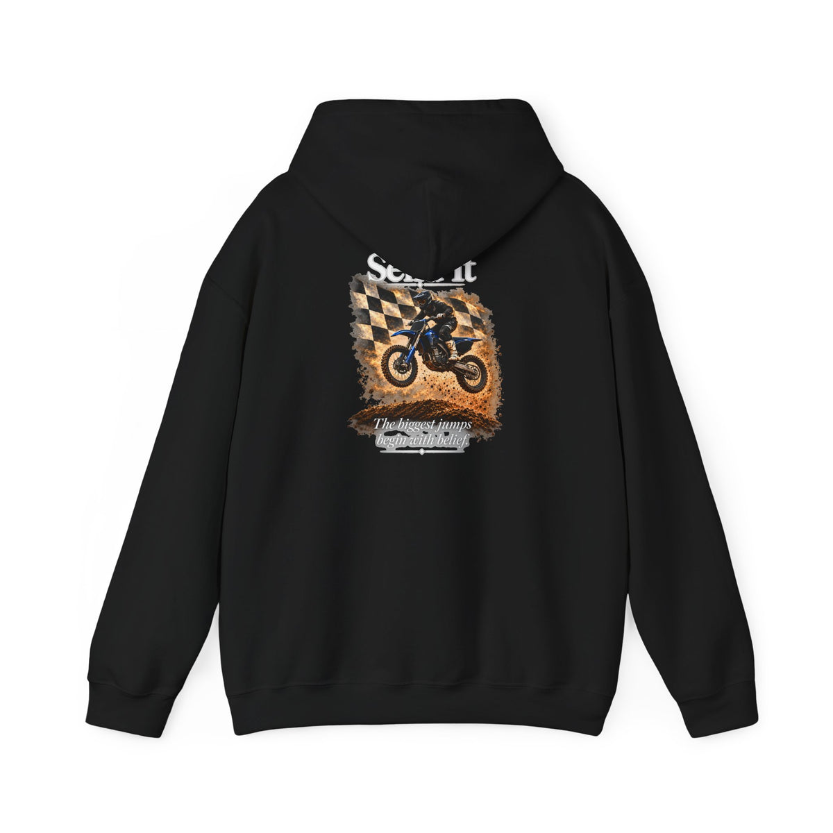Send It - The Biggest Jumps Begin with Belief | Motocross Dirt Bike Hoodie | Front Logo and Back Print | Gildan Hoodie