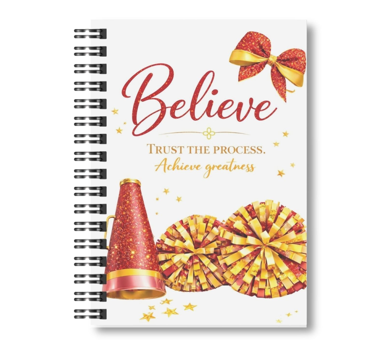 Believe - Cheerleading Notebook 8.5"x11", Red and Gold, Wide Ruled Blank Notebook, Spiral Bound
