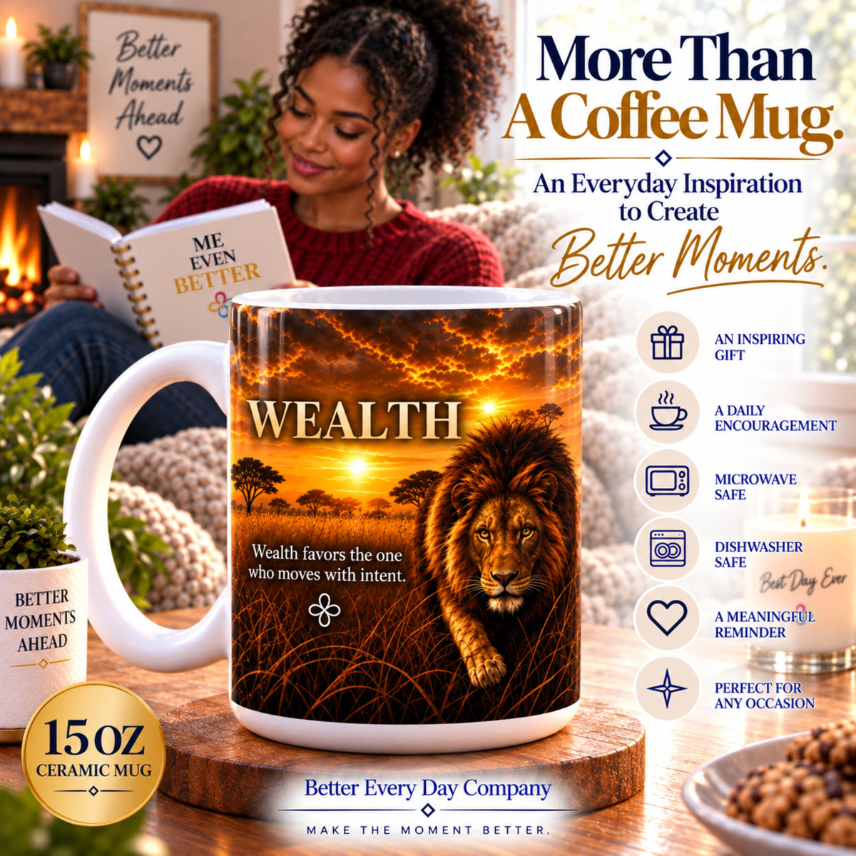 Wealth - Wealth Favors the One Who Moves With Intent - Lion Mug, 15 oz Inspirational Lion Mug, Coffee Cup