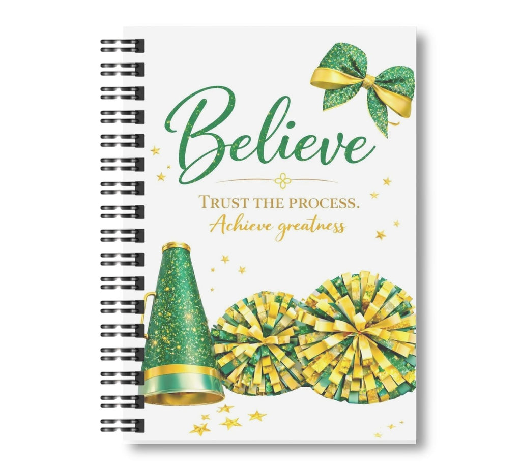 Believe - Cheerleading Notebook 8.5"x11", Green and Gold, Wide Ruled Blank Notebook, Spiral Bound