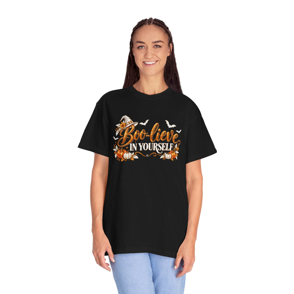 Inspirational Halloween T-Shirt - BOO-lieve In Yourself - Women's Comfort Colors Motivational Shirt