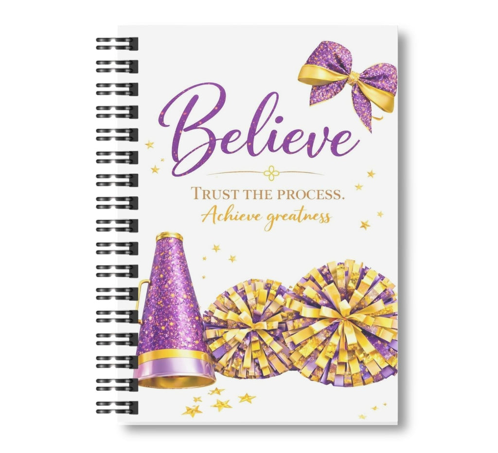 Believe - Cheerleading Notebook 8.5"x11", Purple and Gold, Wide Ruled Blank Notebook, Spiral
