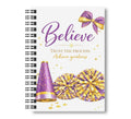 Believe - Cheerleading Notebook 8.5"x11", Purple and Gold, Wide Ruled Blank Notebook, Spiral