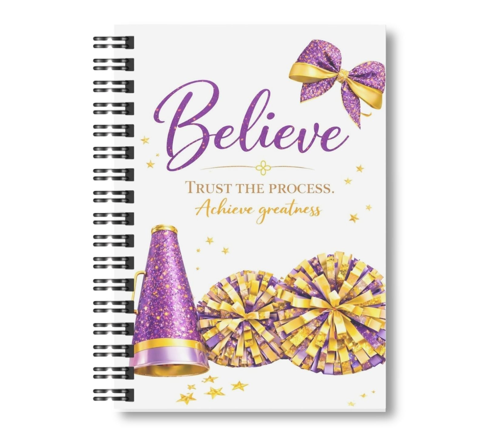 Believe - Cheerleading Notebook 8.5"x11", Purple and Gold, Wide Ruled Blank Notebook, Spiral