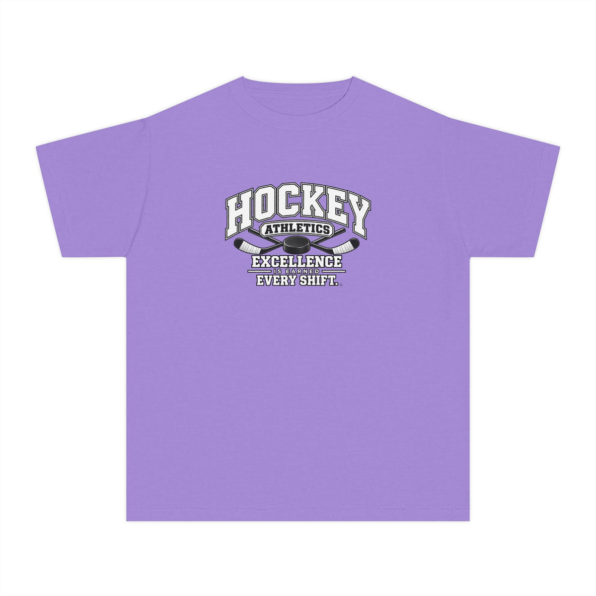 Hockey Athletics Youth T-Shirt | Excellence Is Earned Every Shift | Kids Hockey Comfort Colors Youth Tee