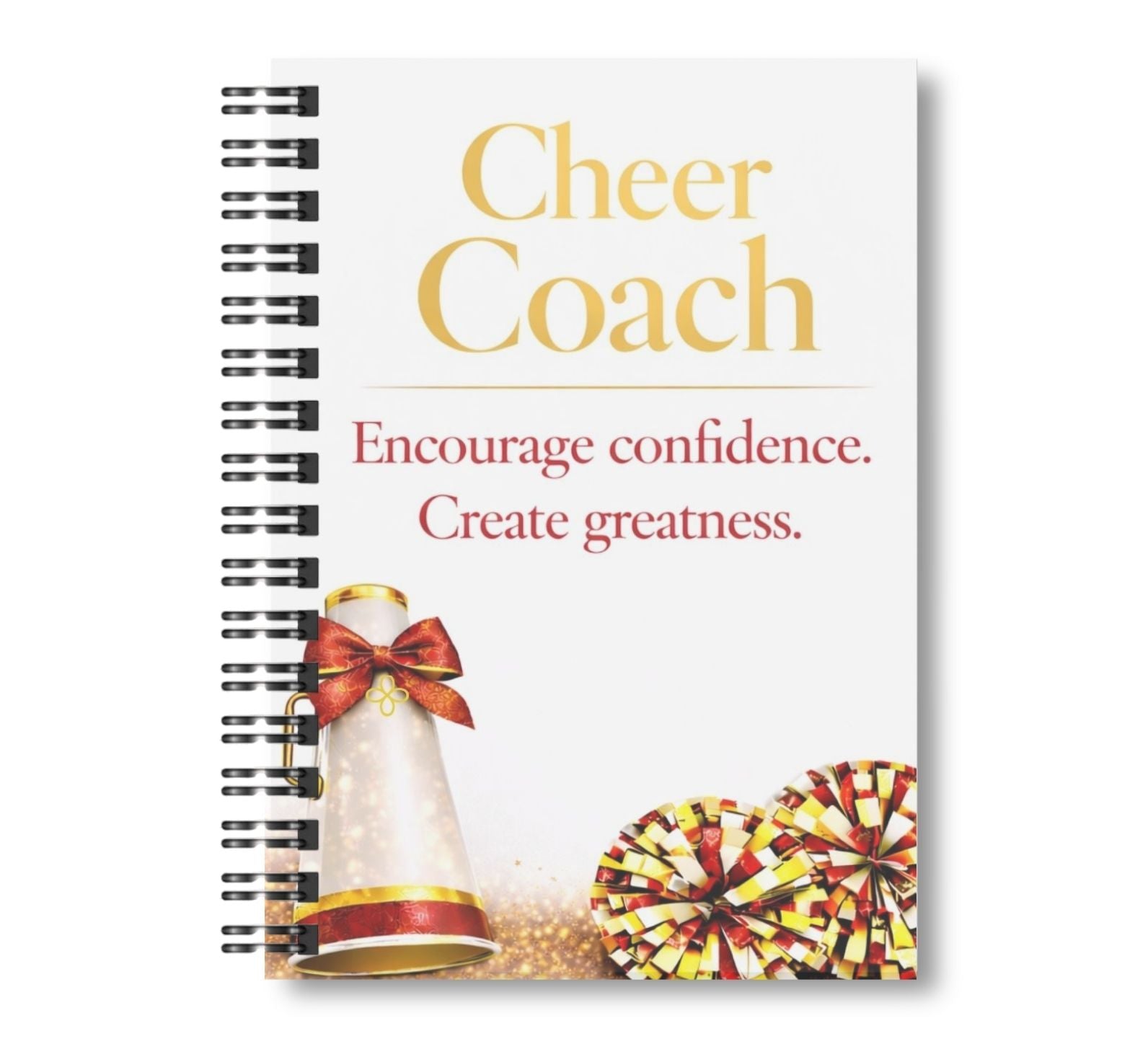 Cheer Coach - Red and Gold, Cheerleading Notebook 8.5"x11", Red and Gold Wide Ruled Blank Notebook, Spiral Bound