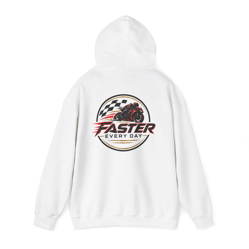 Faster Every Day Racing Badge Hoodie | Front Logo and Back Print | Motorcycle Gift | Gildan Hoodie