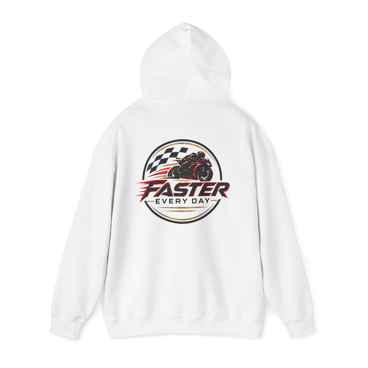 Faster Every Day Racing Badge Hoodie | Front Logo and Back Print | Motorcycle Gift | Gildan Hoodie