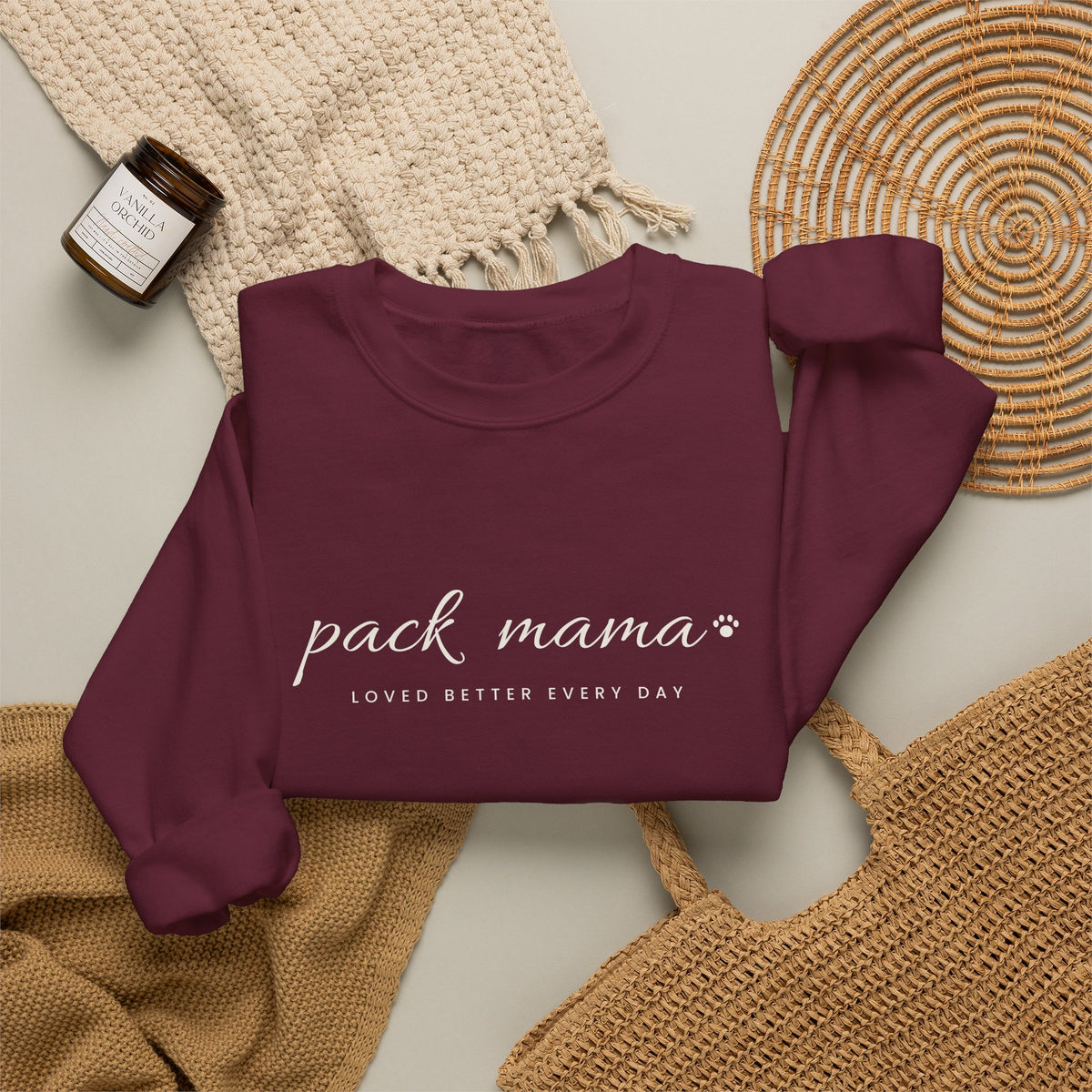 Personalized Pack Mama Sweatshirt - Loved Better Every Day | Pet Names on Sleeve | Choose Your Style | Custom Pet Mom Gift | Gildan Sweatshirt
