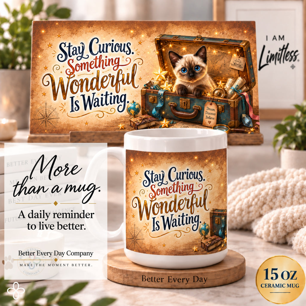 Stay Curious, Something Wonderful Is Waiting - 15 oz Funny Cat Mug, Coffee Cup