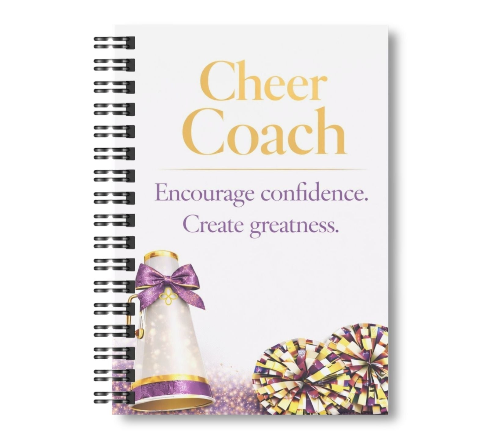 Cheer Coach - Cheerleading Notebook 8.5"x11", Purple and Gold, Wide Ruled Blank Notebook, Spiral Bound
