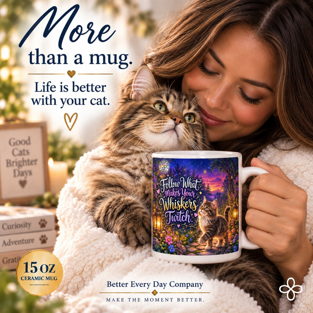 Follow What Makes Your Whiskers Twitch - 15 oz Funny Cat Mug, Coffee Cup