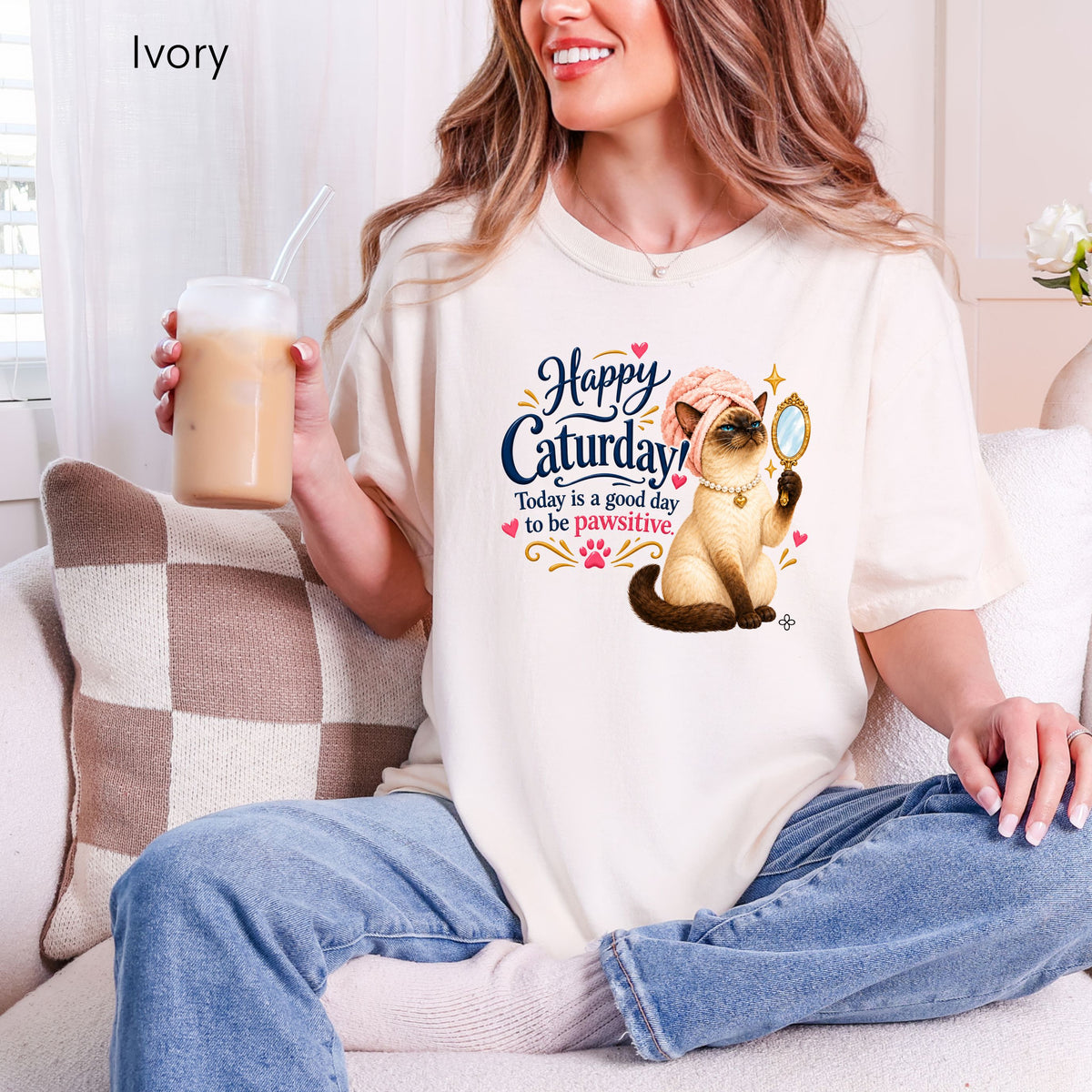 Happy Caturday - Women's Comfort Colors Motivational Cat / Pet T-Shirt for Women - Inspirational Tee - Comfort Colors Shirt