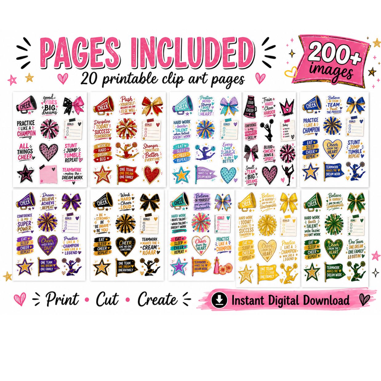 Cheer Journaling Clip Art Bundle, 200+ Printable Cheer Images, Cheerleader Journal Cut Aparts, Planner Stickers, Cheer Notebook Decor