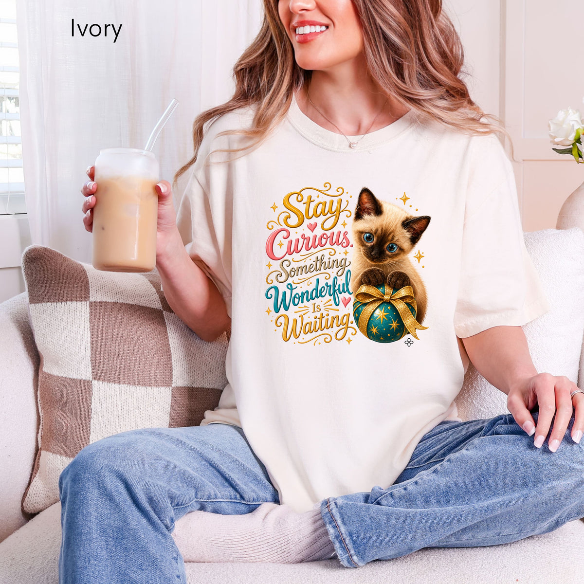 Stay Curious. Something Wonderful is Waiting. - Women's Comfort Colors Motivational Cat / Pet T-Shirt for Women - Inspirational Tee - Comfort Colors Shirt