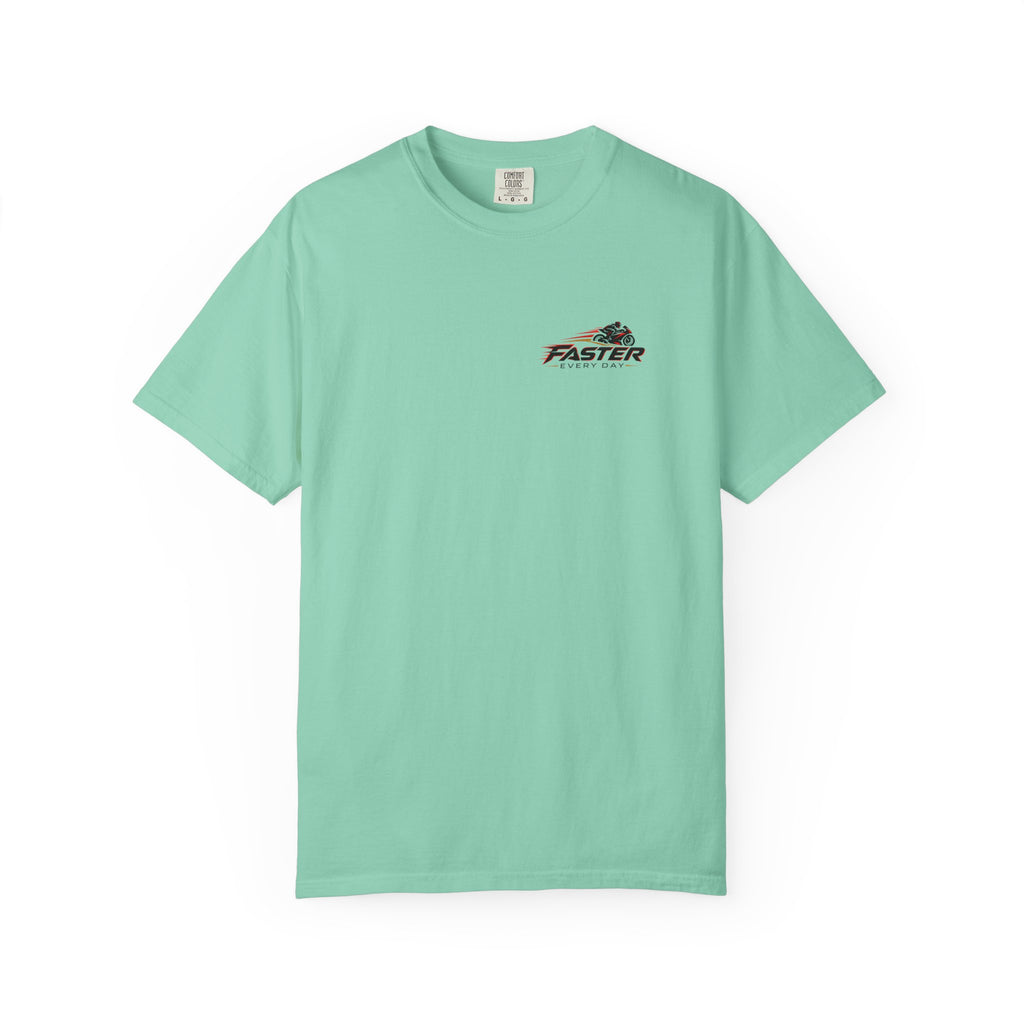 Faster Every Day Racing Badge Tee | Front Logo and Back Print | Motorcycle Shirt | Comfort Colors T-Shirt