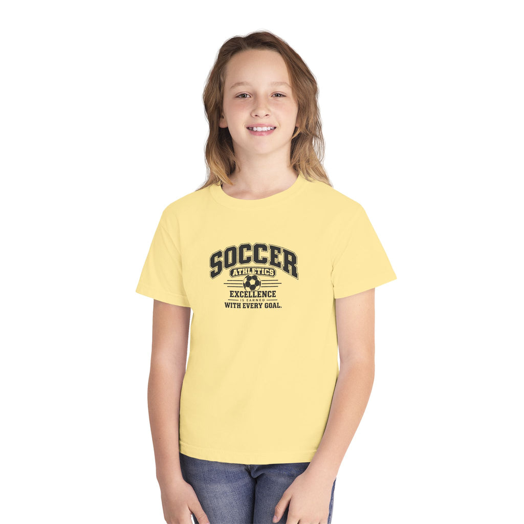 Soccer Athletics Youth T-Shirt | Excellence Is Earned With Every Goal | Kids Soccer Comfort Colors Youth Tee