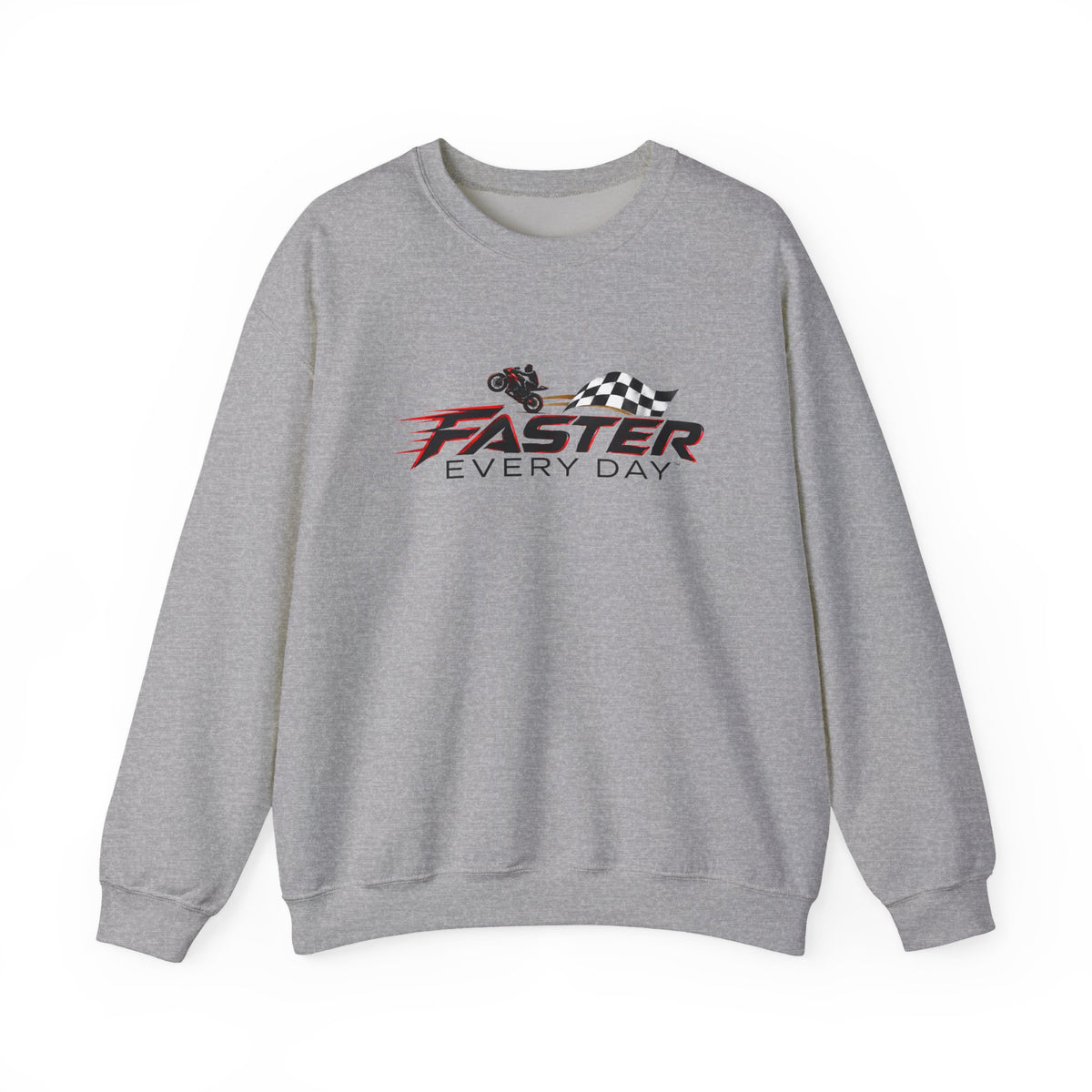 Faster Every Day Checkered Flag Logo Sweatshirt | Motorcycle Racing Gift | Gildan Crewneck Sweatshirt