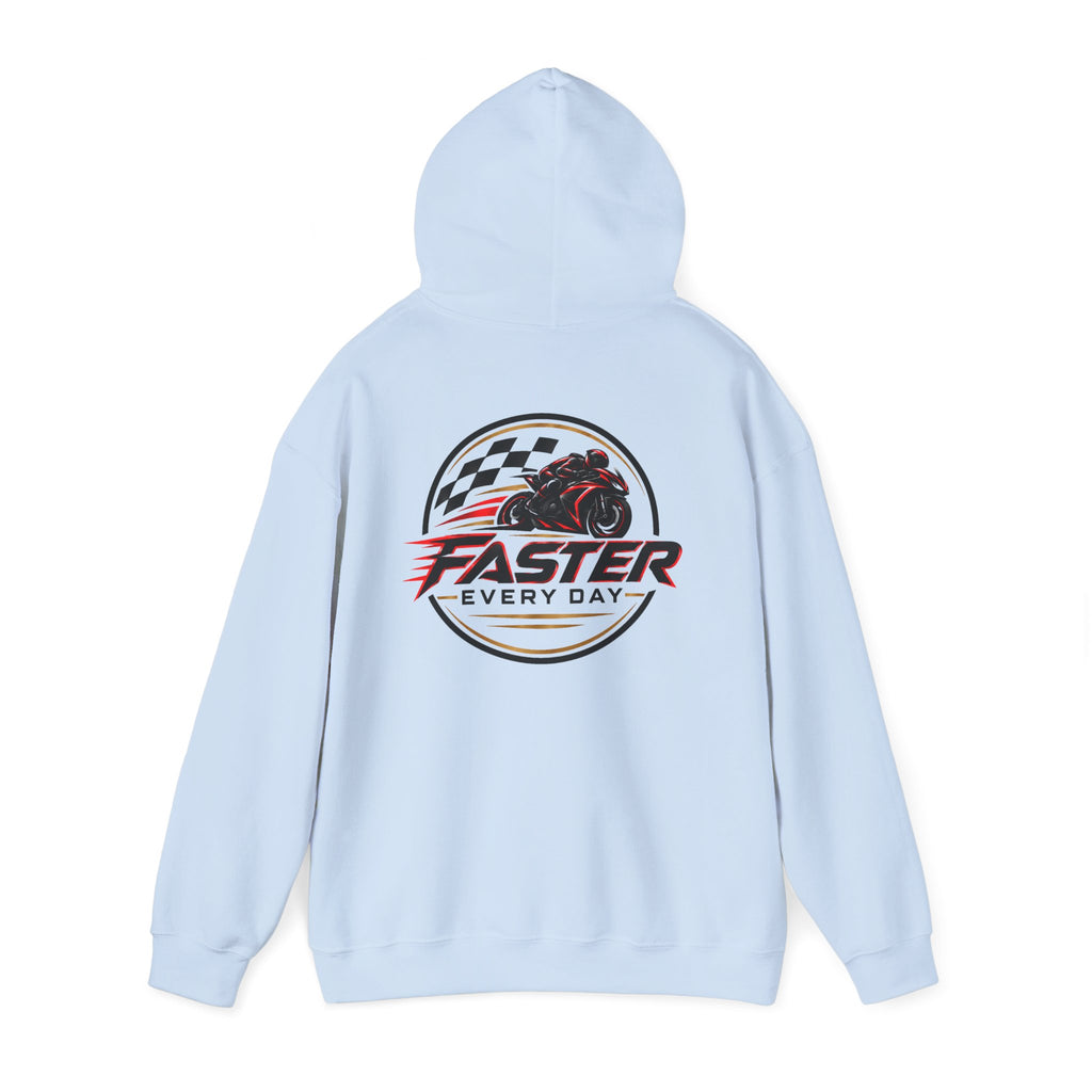 Faster Every Day Racing Badge Hoodie | Front Logo and Back Print | Motorcycle Gift | Gildan Hoodie