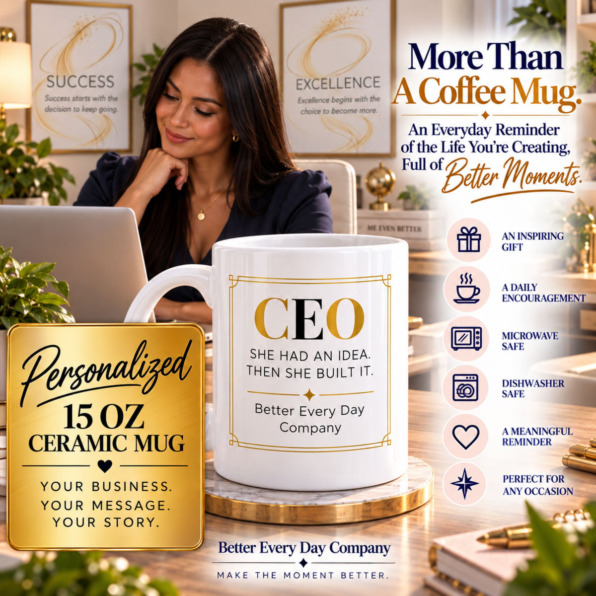 Personalized CEO Mug, Female Entrepreneur Gift, Custom Business Owner 15 oz Coffee Mug - She Had An Idea.  Then She Built It.