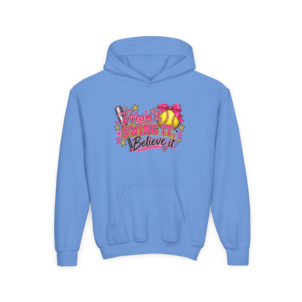 Dream It Swing It Believe It Youth Hoodie | Softball Girl | Girls Softball Youth Hoodie