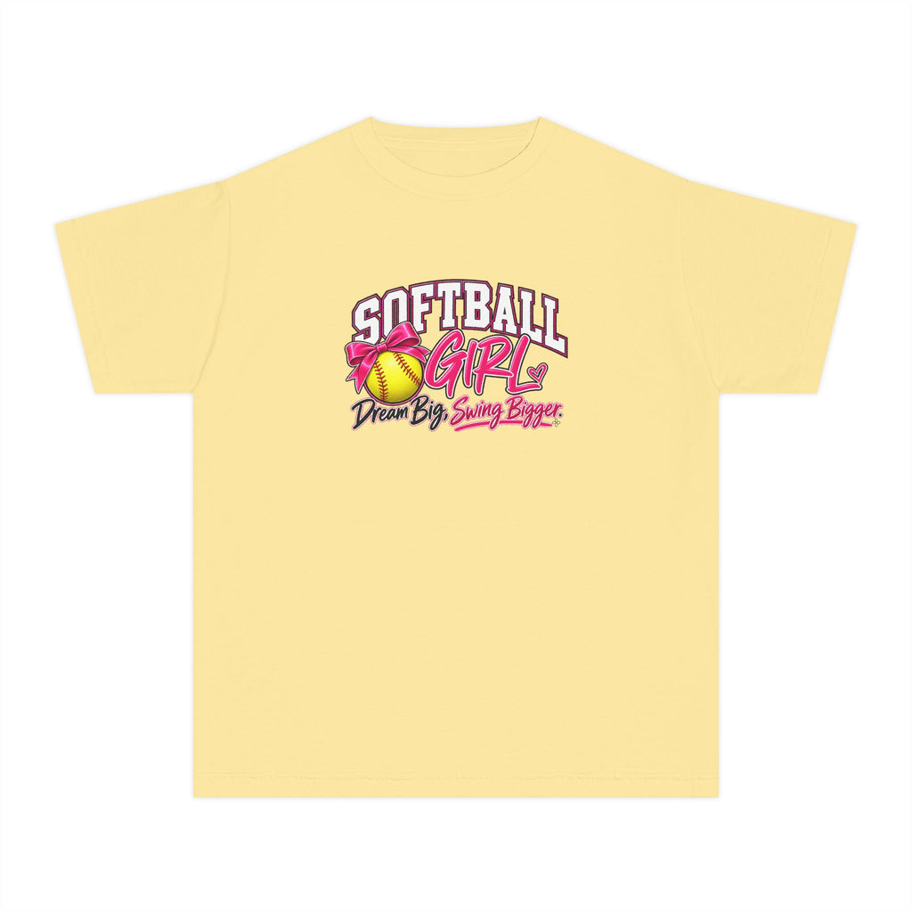 Softball Girl Youth T-Shirt | Dream Big, Swing Bigger | Girls Softball Comfort Colors Youth Tee