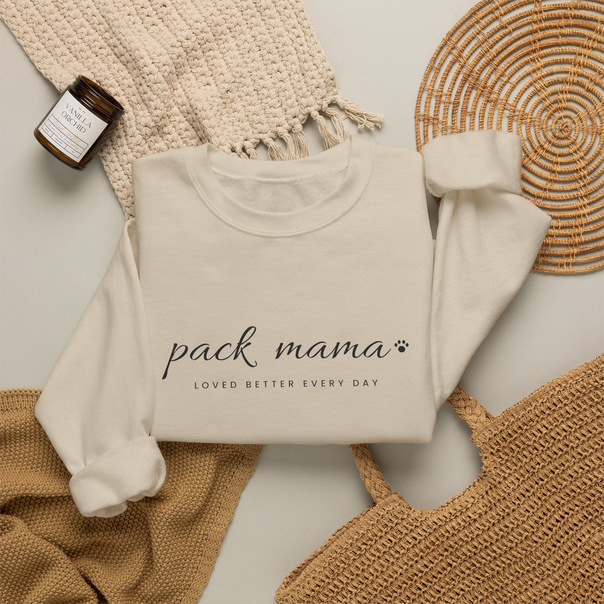 Personalized Pack Mama Sweatshirt - Loved Better Every Day | Pet Names on Sleeve | Choose Your Style | Custom Pet Mom Gift | Gildan Sweatshirt