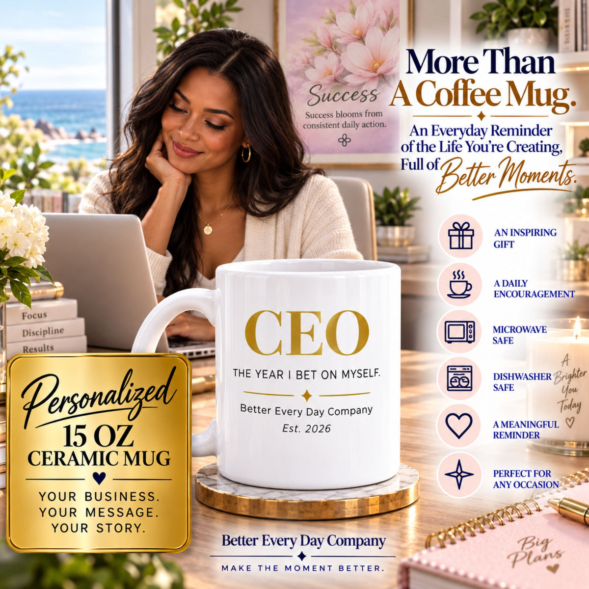 Personalized CEO Mug, Female Entrepreneur Gift, Custom Business Owner 15 oz Coffee Mug - The Year I Bet On Me