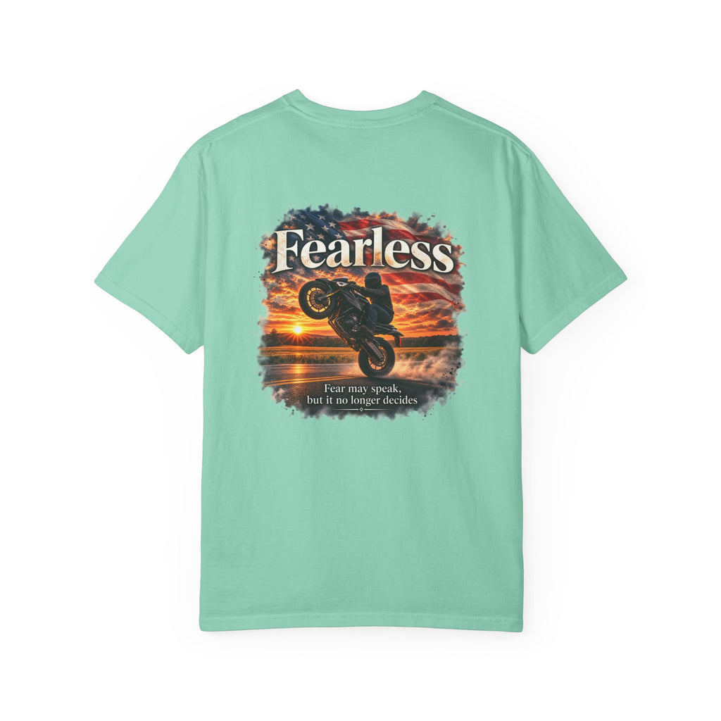Fearless - Fear May Speak, But It No Longer Decides | Motorcycle Wheelie Tee | Front Logo and Back Print