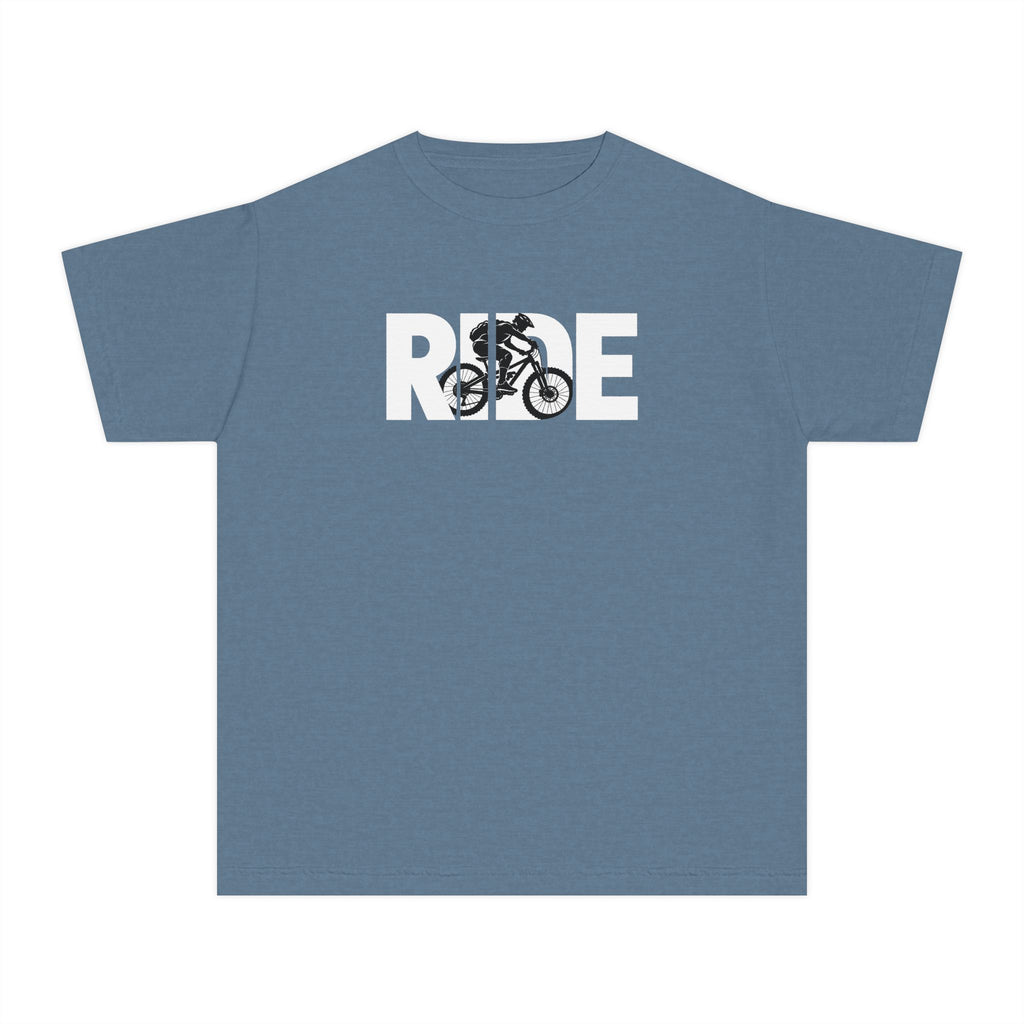 RIDE Mountain Bike Youth T-Shirt | Mountain Biker Graphic | Kids Comfort Colors Youth Tee