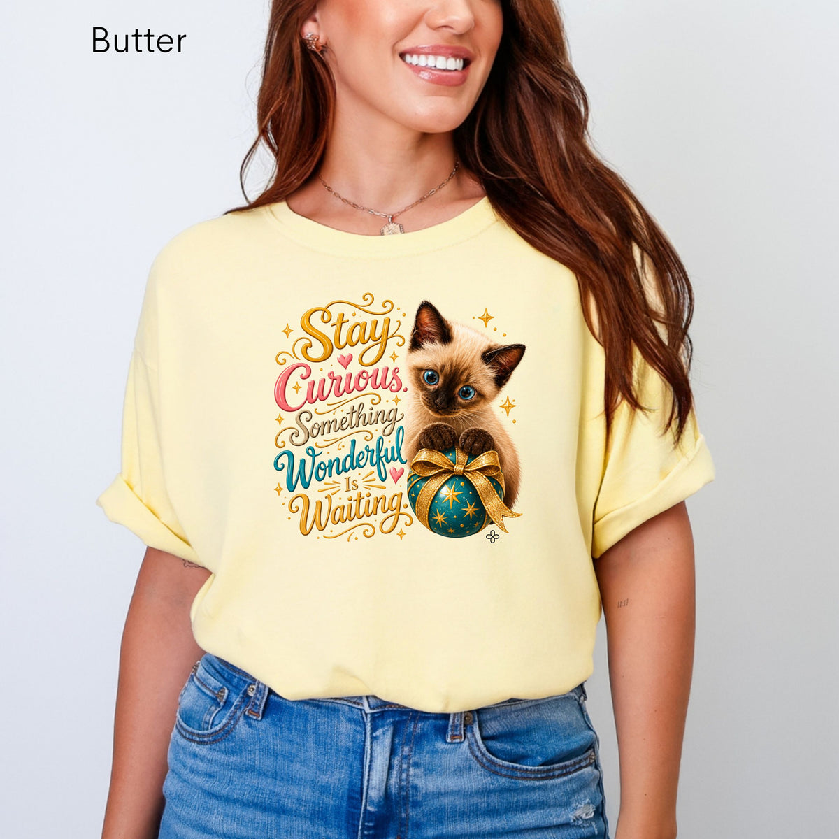Stay Curious. Something Wonderful is Waiting. - Women's Comfort Colors Motivational Cat / Pet T-Shirt for Women - Inspirational Tee - Comfort Colors Shirt
