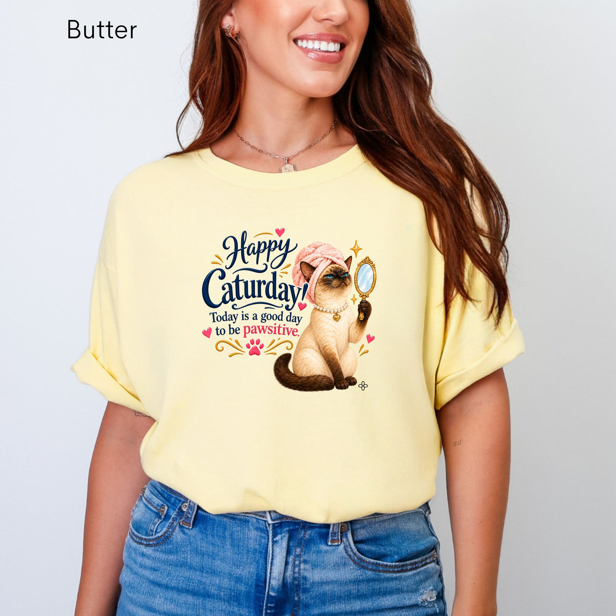 Happy Caturday - Women's Comfort Colors Motivational Cat / Pet T-Shirt for Women - Inspirational Tee - Comfort Colors Shirt