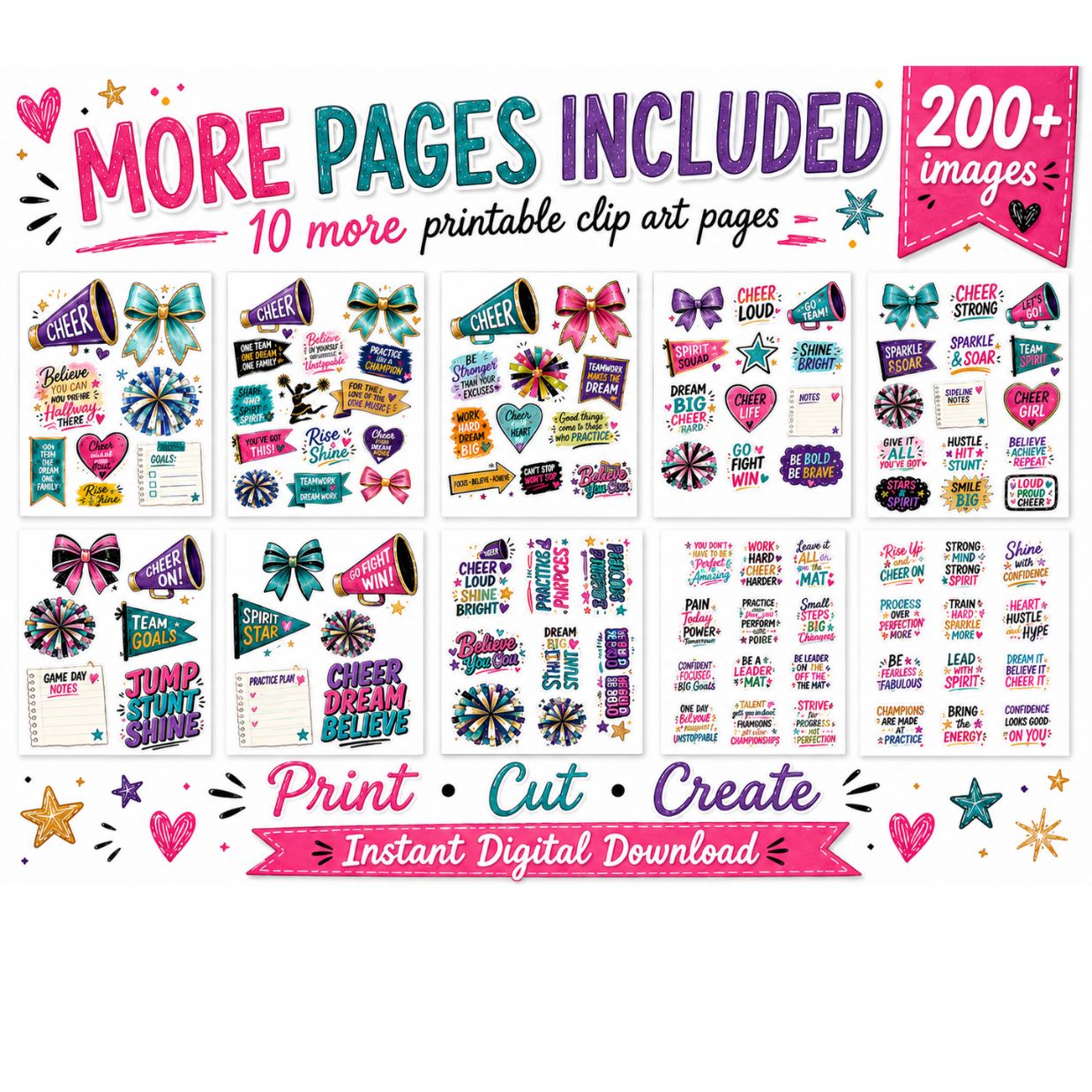 Cheer Journaling Clip Art Bundle, 200+ Printable Cheer Images, Cheerleader Journal Cut Aparts, Planner Stickers, Cheer Notebook Decor