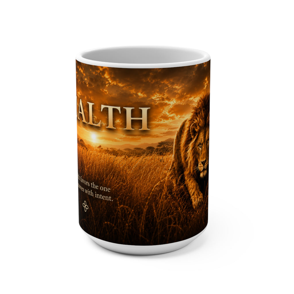 Wealth - Wealth Favors the One Who Moves With Intent - Lion Mug, 15 oz Inspirational Lion Mug, Coffee Cup