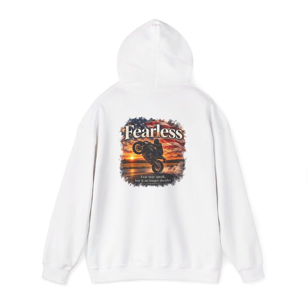 Fearless - Fear May Speak, But It No Longer Decides | Motorcycle Wheelie Hoodie | Front Logo and Back Print | Gildan Hoodie