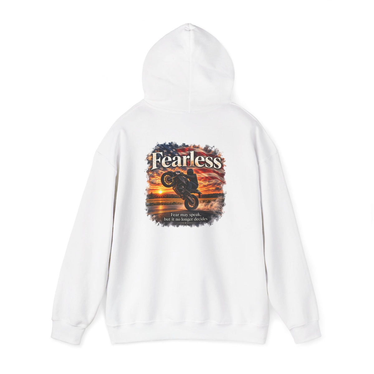 Fearless - Fear May Speak, But It No Longer Decides | Motorcycle Wheelie Hoodie | Front Logo and Back Print | Gildan Hoodie
