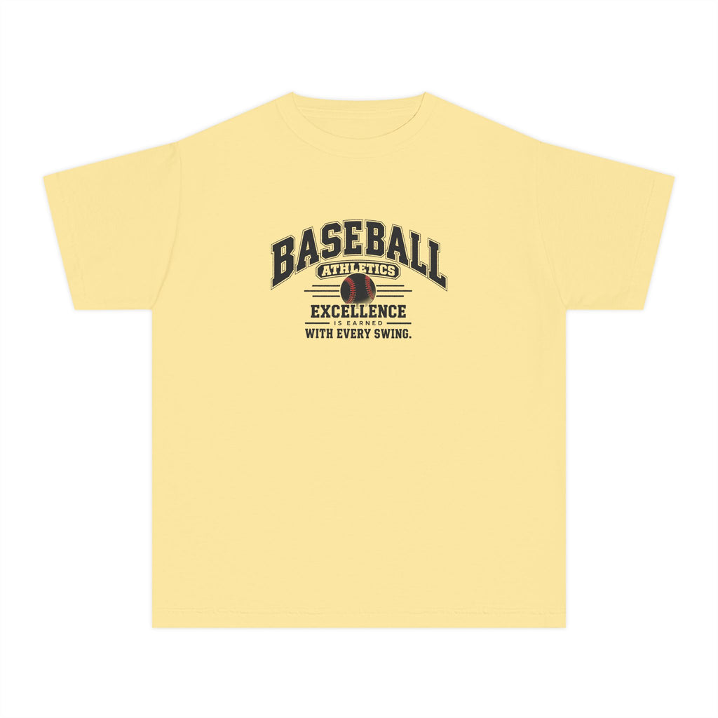 Baseball Athletics Youth T-Shirt | Excellence Is Earned With Every Swing | Kids Baseball Comfort Colors Youth Tee
